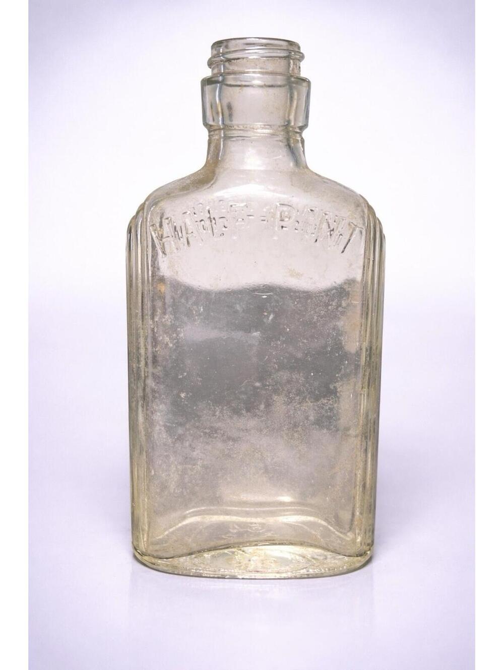 Vintage 1940 Clear Embossed Half Pint Liquor Flask Bottle, 3x6.5”